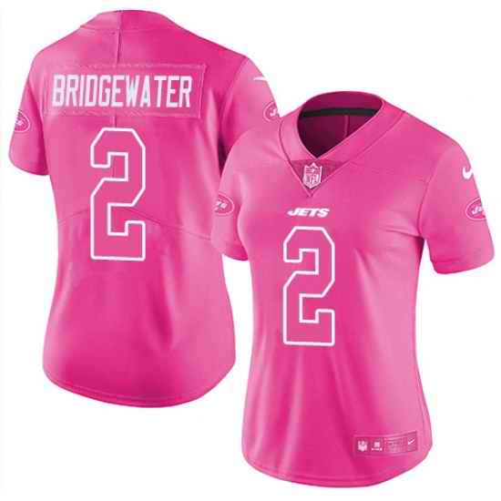 Nike Jets #2 Teddy Bridgewater Pink Womens Stitched NFL Limited Rush Fashion Jersey